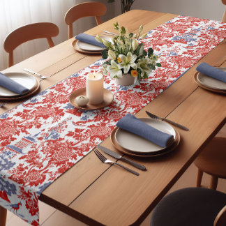Vintages Chinoiserie Delft Französisch Rotes Blau  Kurzer Tischläufer