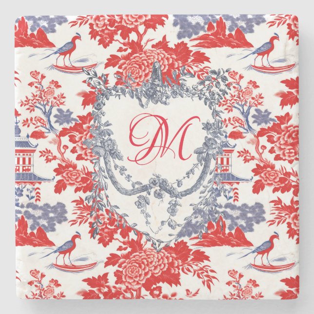 Vintages Chinoiserie Delft Französisch Rotes Blau  Steinuntersetzer (Vorderseite)