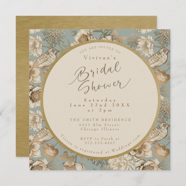Vintages Chinoiserie Floral and Bird Brautparty Einladung (Vorne/Hinten)