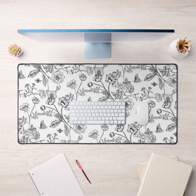 Vintages Chinoiserie Schwarzes Blumenmuster Schreibtischunterlage (Büro 1)