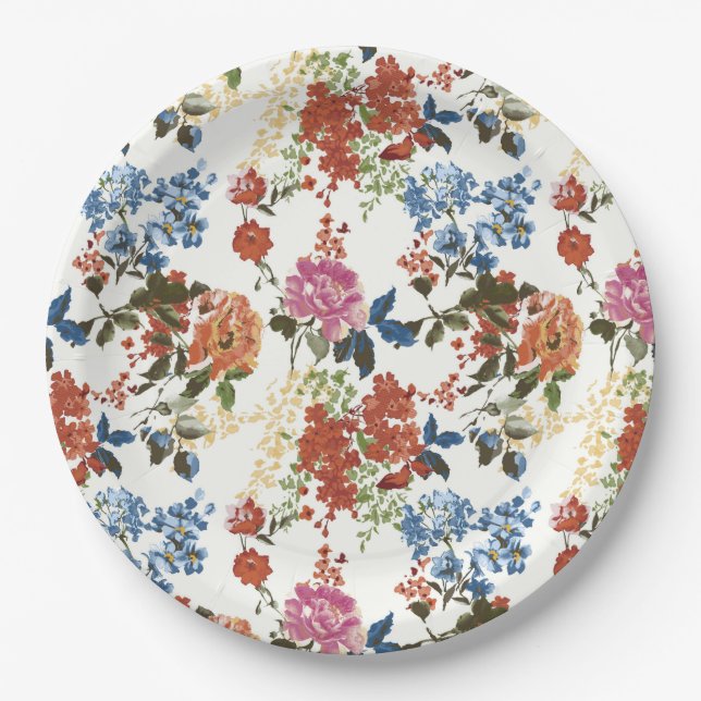 Vintages Chintz-Blumenmuster Rotes Blau Rosa Blume Pappteller (Vorderseite)