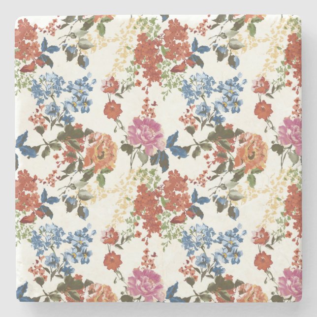 Vintages Chintz-Blumenmuster Rotes Blau Rosa Blume Steinuntersetzer (Vorderseite)