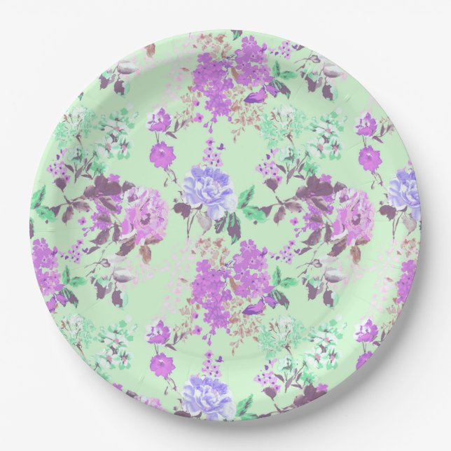 Vintages Chintz Floral Muster Minze Green Lila Pappteller (Vorderseite)