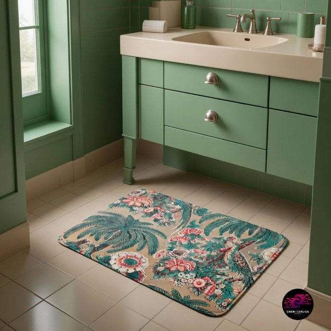 Vintages Chintz Floral Tropical Pattern Badematte (Step onto 1936 tropical chintz and bring timeless vintage charm to your bathroom)