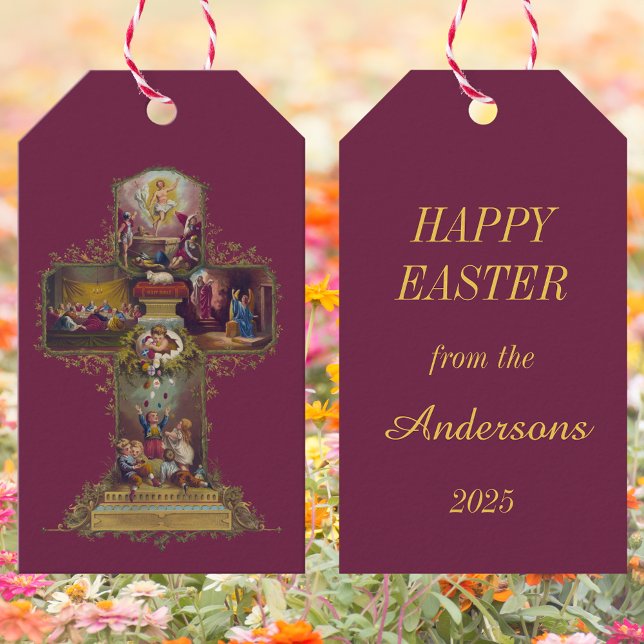 Vintages Christliches Blumenkreuz Jesus glückliche Geschenkanhänger (Vintage Purple Religious Christian Catholic Floral Cross Jesus Resurrection Happy Easter Gift Tags)