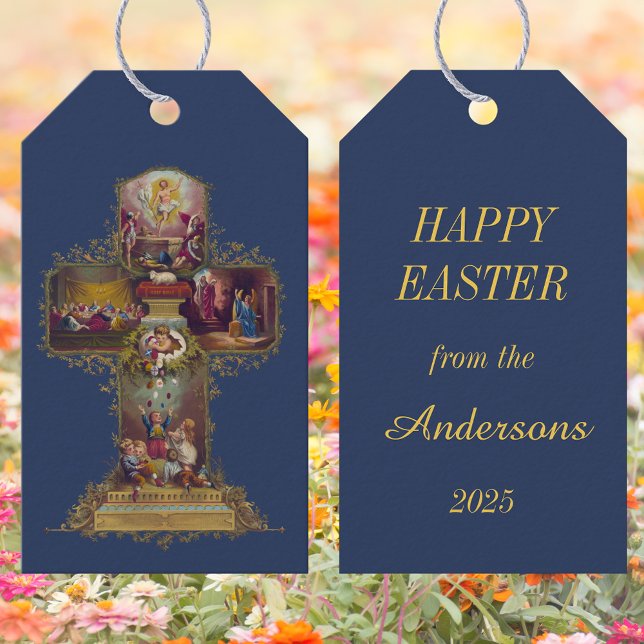 Vintages Christliches Blumenkreuz Jesus glückliche Geschenkanhänger (Vintage Religious Christian Catholic Floral Cross Jesus Christ He is risen Happy Easter Gift Tags)