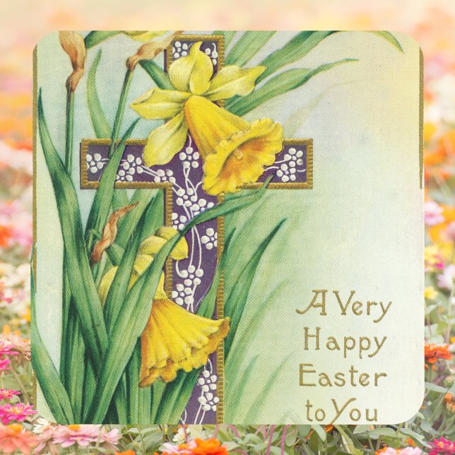 Vintages Christliches Blumenkreuz Jesus glückliche Quadratischer Aufkleber (Vintage Religious Christian Catholic Floral Cross Jesus Christ is risen Happy Easter Sticker)
