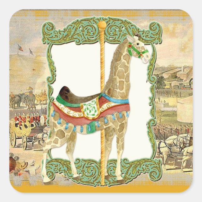 Vintages Circus Poster, Giraffe Babydusche Quadratischer Aufkleber (Vorderseite)