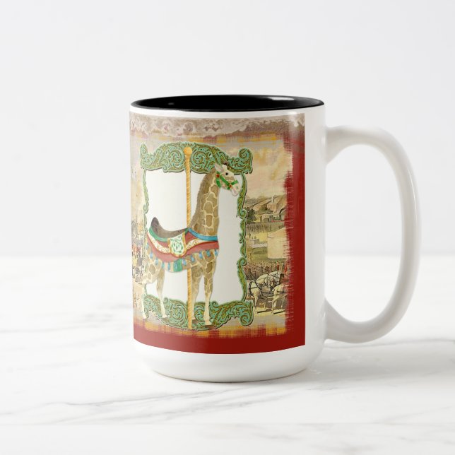 Vintages Circus Poster, Giraffe Karneval Zweifarbige Tasse (Rechts)