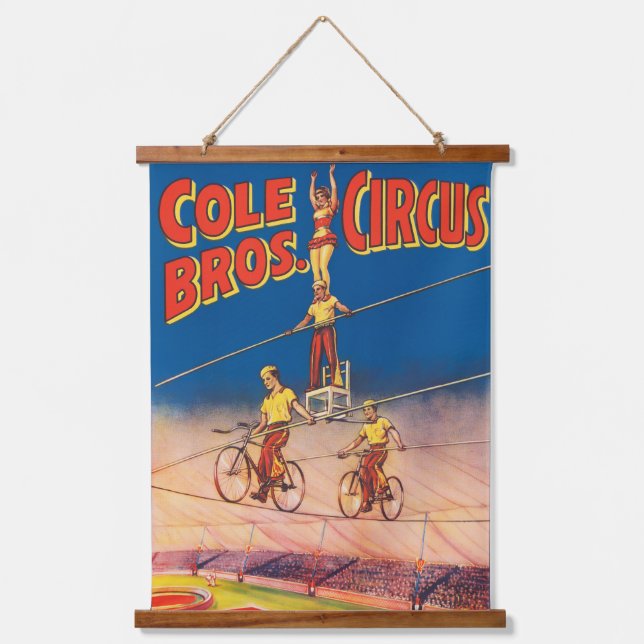 Vintages Circus Poster mit Hochdrahtreakrobaten Wandteppich Mit Holzrahmen (Vorderseite)