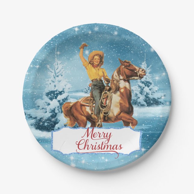 Vintages Cowgirl am Horse Winter Frohe Weihnachten Pappteller (Vorderseite)