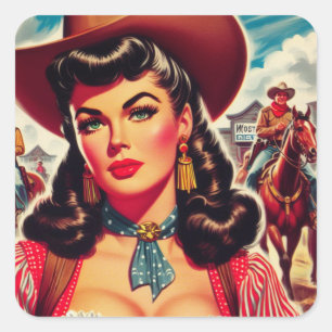 Vintages Cowgirl-Button Quadratischer Aufkleber