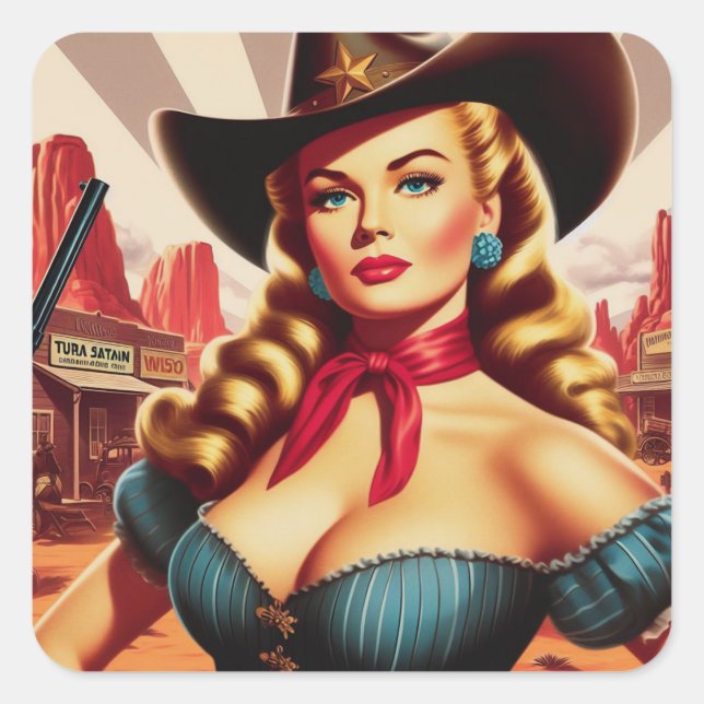 Vintages Cowgirl-Button Quadratischer Aufkleber (Vorderseite)