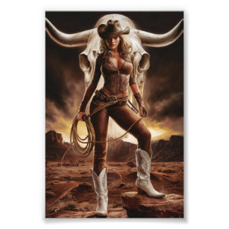 Vintages Cowgirl mit Kuhschädel Fotodruck