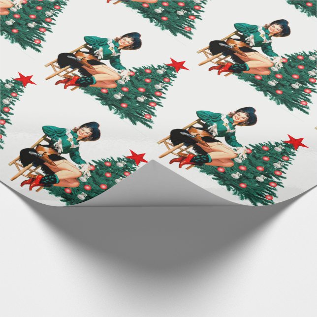 Vintages Cowgirl mit roten Stiefeln und Geschenkpapier (Ecke)