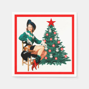 Vintages Cowgirl mit Weihnachtsbaum auf Weiß Serviette