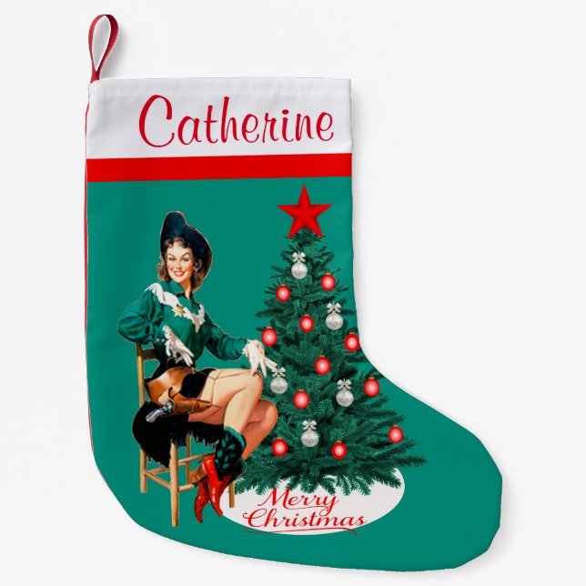 Vintages Cowgirl mit Weihnachtsbaum fröhliches Kleiner Weihnachtsstrumpf (Vorderseite)