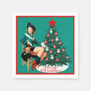 Vintages Cowgirl mit Weihnachtsbaum fröhliches Serviette