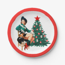 Vintages Cowgirl mit Weihnachtsbaum-Roter Grenze