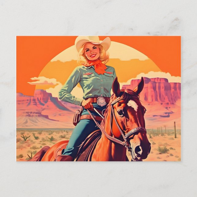 Vintages Cowgirl Reitpferd Postkarte (Vorderseite)