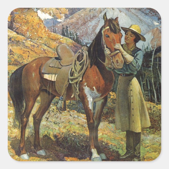 Vintages Cowgirl und Pferd Quadratischer Aufkleber (Vorderseite)