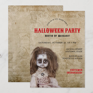 Vintages Creepy-Doll Halloween-Kostüm-Party Einladung