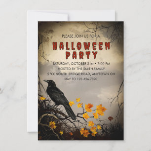 Vintages Crow & Autumn Leaves Halloween-Party Einladung