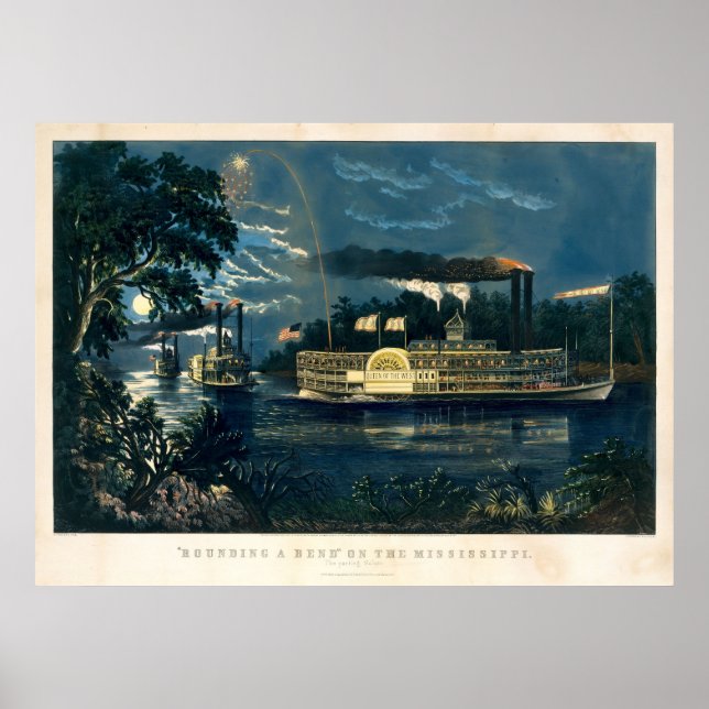 Vintages Currier & Ives Dampfboote im Mondlicht Poster (Vorne)