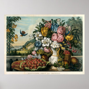 Vintages Currier & Ives Obst und Blume Landschaft Poster
