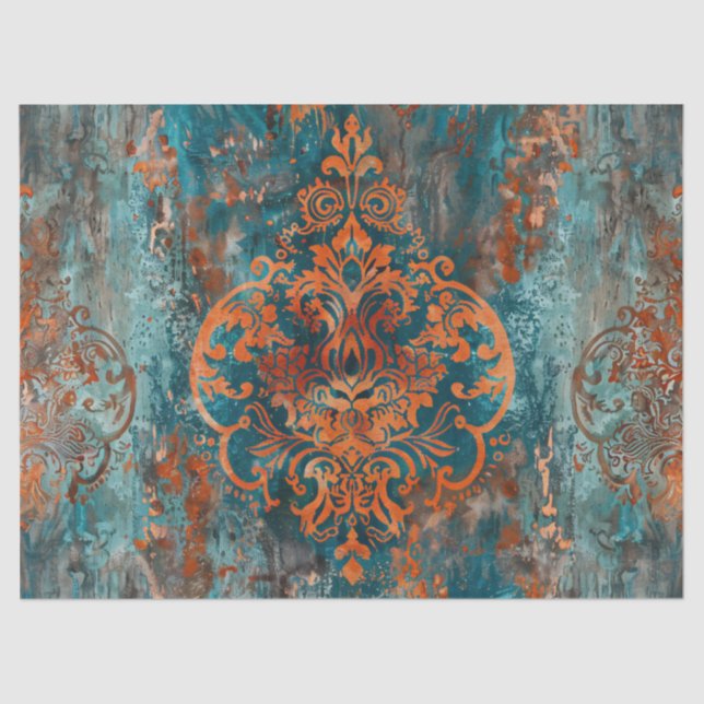 Vintages Damask-Muster Kupfer-Aquamarine Dekoupage Seidenpapier (Vorderseite)