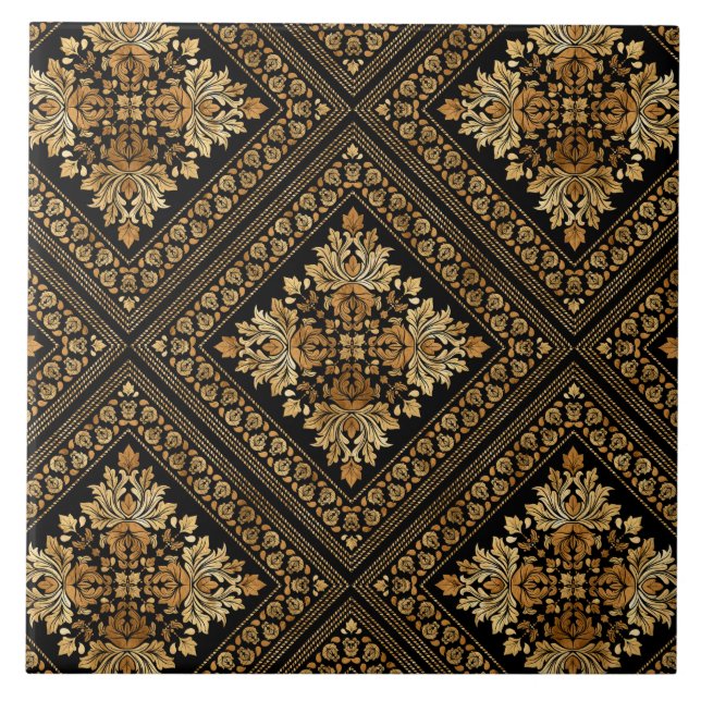 Vintages Damaskmuster - Schwarz und Gold Fliese (Vorderseite)