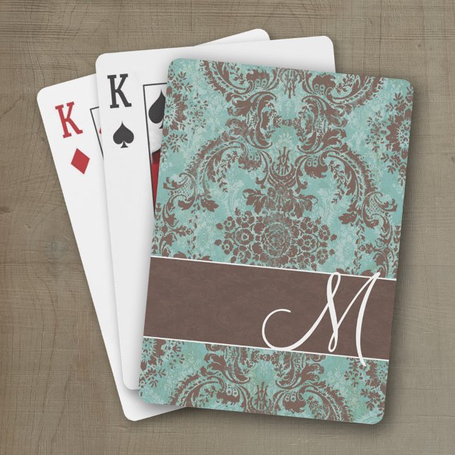 Vintages Damaskusmuster mit Monogramm Spielkarten (Personalized playing cards with a damask pattern and a place for a name or monogram)