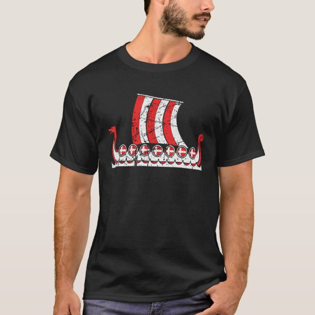 Vintages Dänemark - Wikingschiff - Dänischer Flagg T-Shirt (Vorderseite)