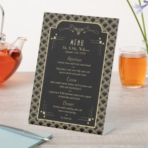 Vintages Déco-Gatsby-Hochzeitsmenü der 20er Jahre Sockelschild