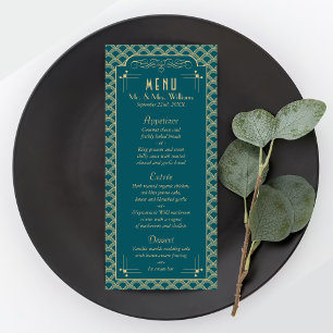 Vintages Déco-Gatsby-Hochzeitsmenü der 20er Jahre Werbekarte