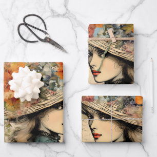 Vintages Decoupage Floral Girl mit Hut Geschenkpapier Set