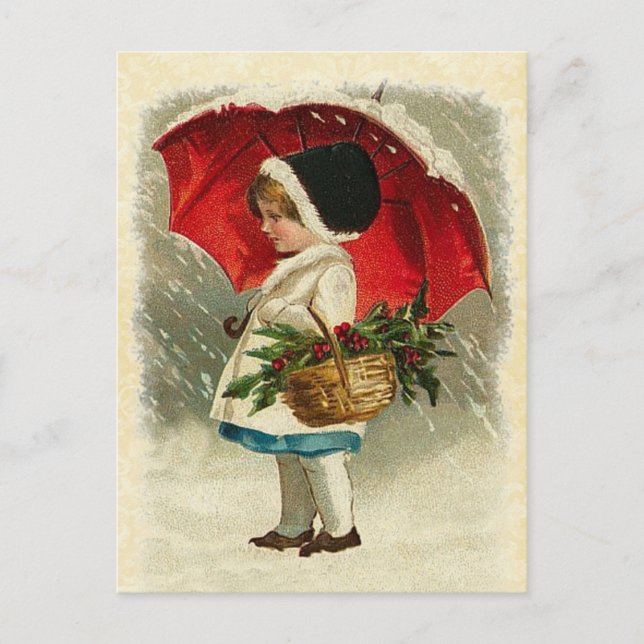 Vintages Design-Girl mit Weihnachtsschirm Feiertagspostkarte (Vorderseite)