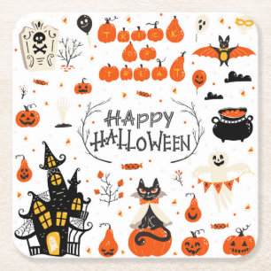 Vintages Design von Halloween Elements im Set Rechteckiger Pappuntersetzer
