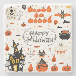 Vintages Design von Halloween Elements im Set Steinuntersetzer