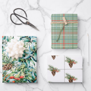 Vintages Design von Winterblättern und Kiefernzapf Geschenkpapier Set