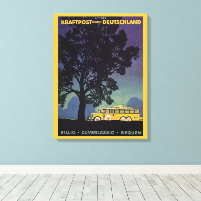 Vintages Deutschland, Gelber Bus bei Nacht, Reisek Leinwanddruck (Insitu (Holzboden))