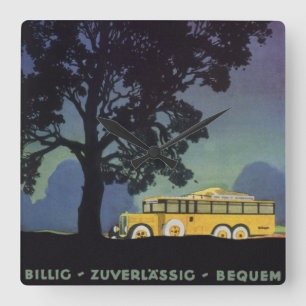 Vintages Deutschland, Gelber Bus bei Nacht, Reisek Quadratische Wanduhr