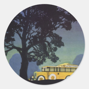 Vintages Deutschland, Gelber Bus bei Nacht, Reisek Runder Aufkleber