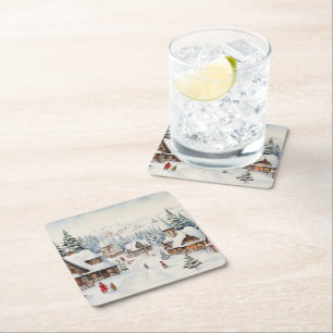 Vintages digitales Dorf an einem Weihnachtsfeierta Rechteckiger Pappuntersetzer