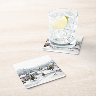 Vintages digitales Dorf an einem Weihnachtsfeierta Rechteckiger Pappuntersetzer