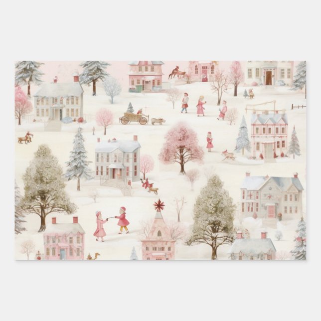 Vintages Dorf Pink Weihnachten Geschenkpapier Set (Vorderseite)