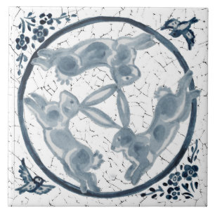 Vintages Drei-Kaninchen-Hare-Trio Blue & White Del Fliese