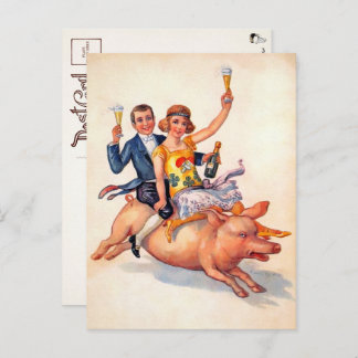 Vintages Drink Couple Riding Pig Postkarte