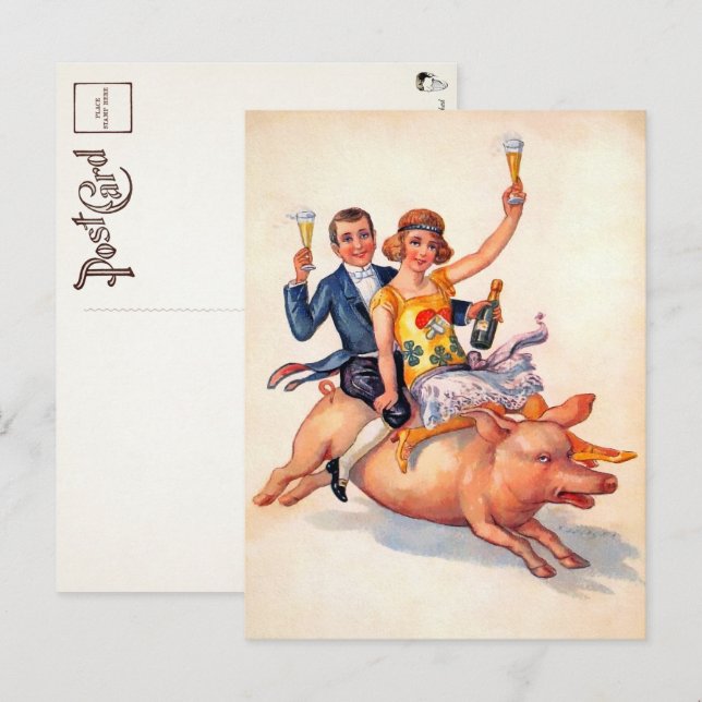 Vintages Drink Couple Riding Pig Postkarte (Vorne/Hinten)