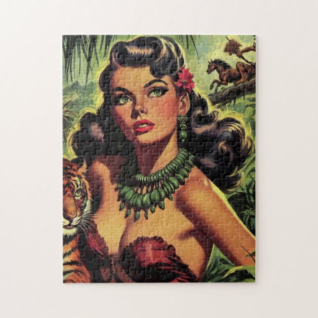 Vintages Dschungelmädchen-Button auf Puzzle (Vertikal)